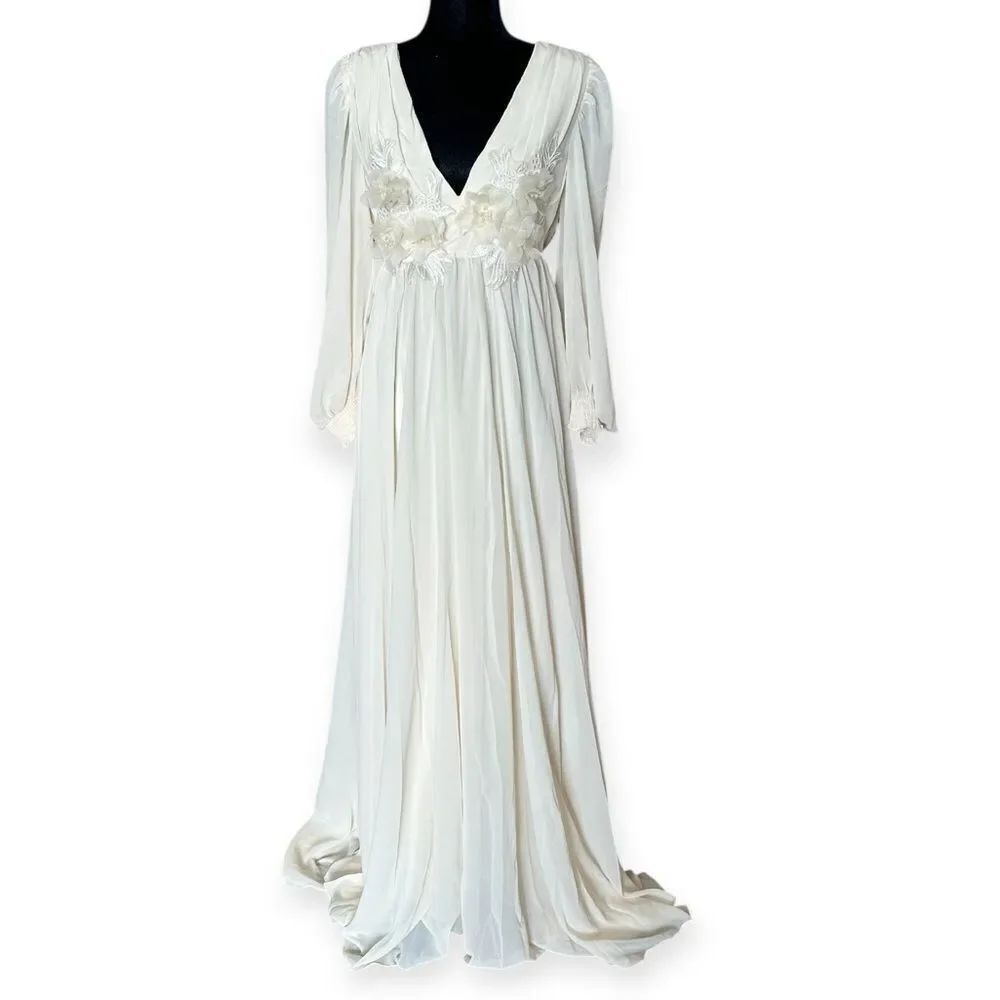 Elegant Bohemian Cream Maxi Popout Flowers Plunge Neck Long Sleeve Wedding Gown